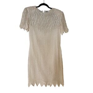 Laurence Kazar Vintage Beaded Silk Dress Ivory Sequin Scalloped Mini Large